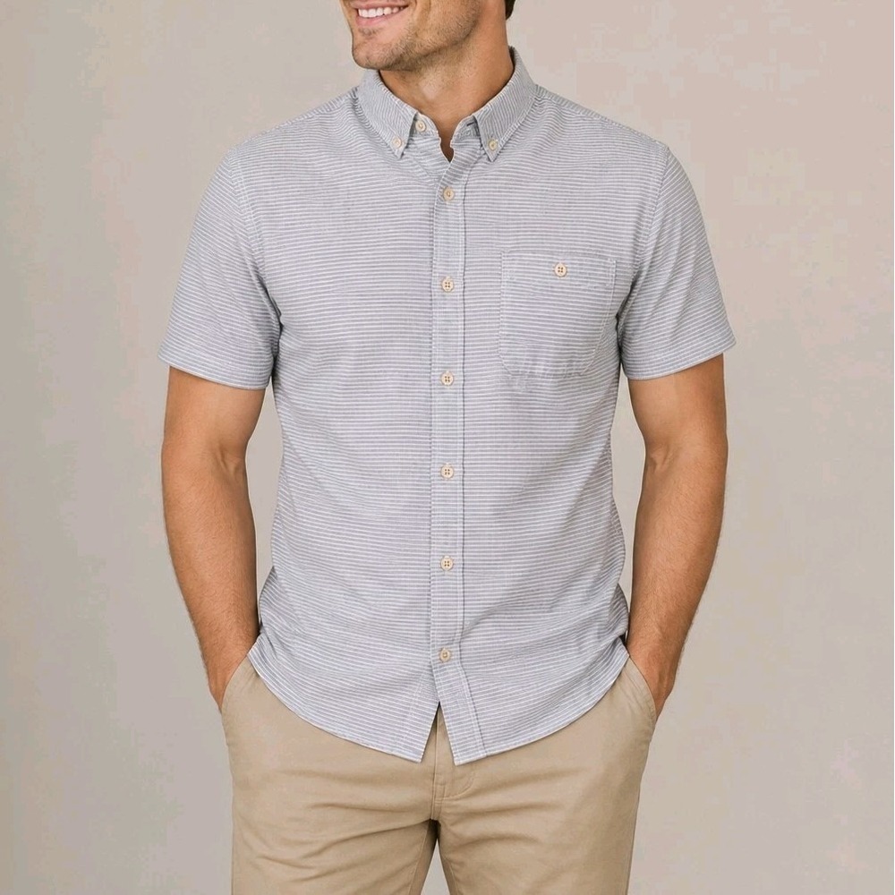 Old Navy Gray White Striped Linen Blend Slim Fit Short Sleeve Button Up Shirt XL